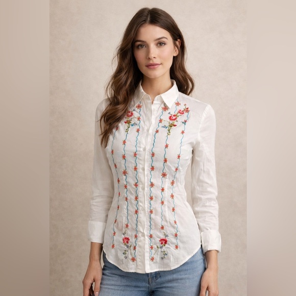 Johnny Was Tops - Johnny Was - White Blouse - Pink floral embroidery - Size XS Next to new